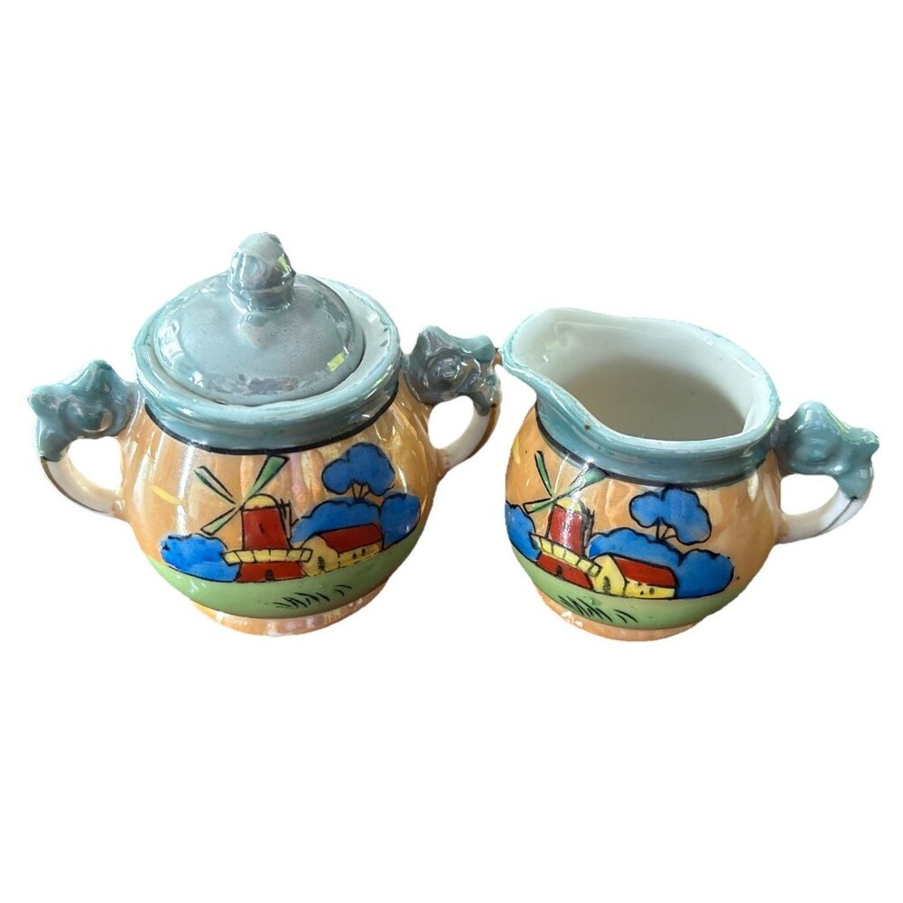 Vintage Japanese Lusterware Multicolored Teapot & Creamer Set-Nice Condition!